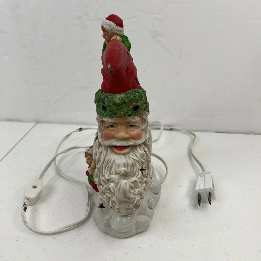 Vintage Santa Moon Night Light Ceramic Christmas Elf Star Cutouts Decor WORKS